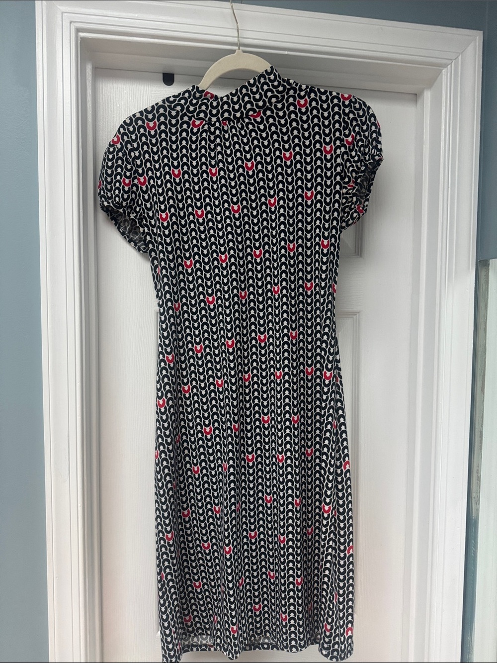 Black and White Geometric Midi Dress with Pink Dot Detail